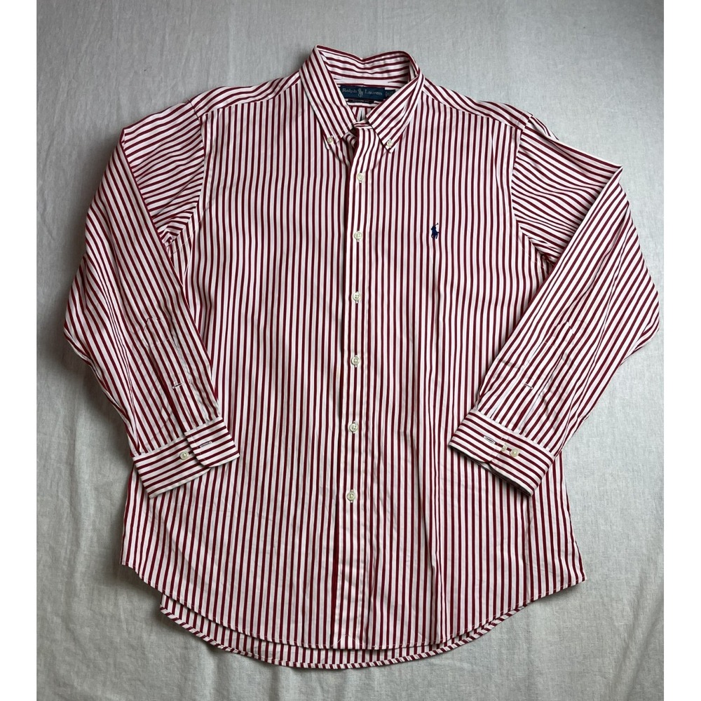 Ralph Lauren Red White Mens 16.5 32/33 Custom Fir Striped Blue Pony Dress Shirt